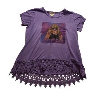 Self Esteem Purple Taylor Swift fan Women's Graphic Tee Crochet Lace Hem Top XL